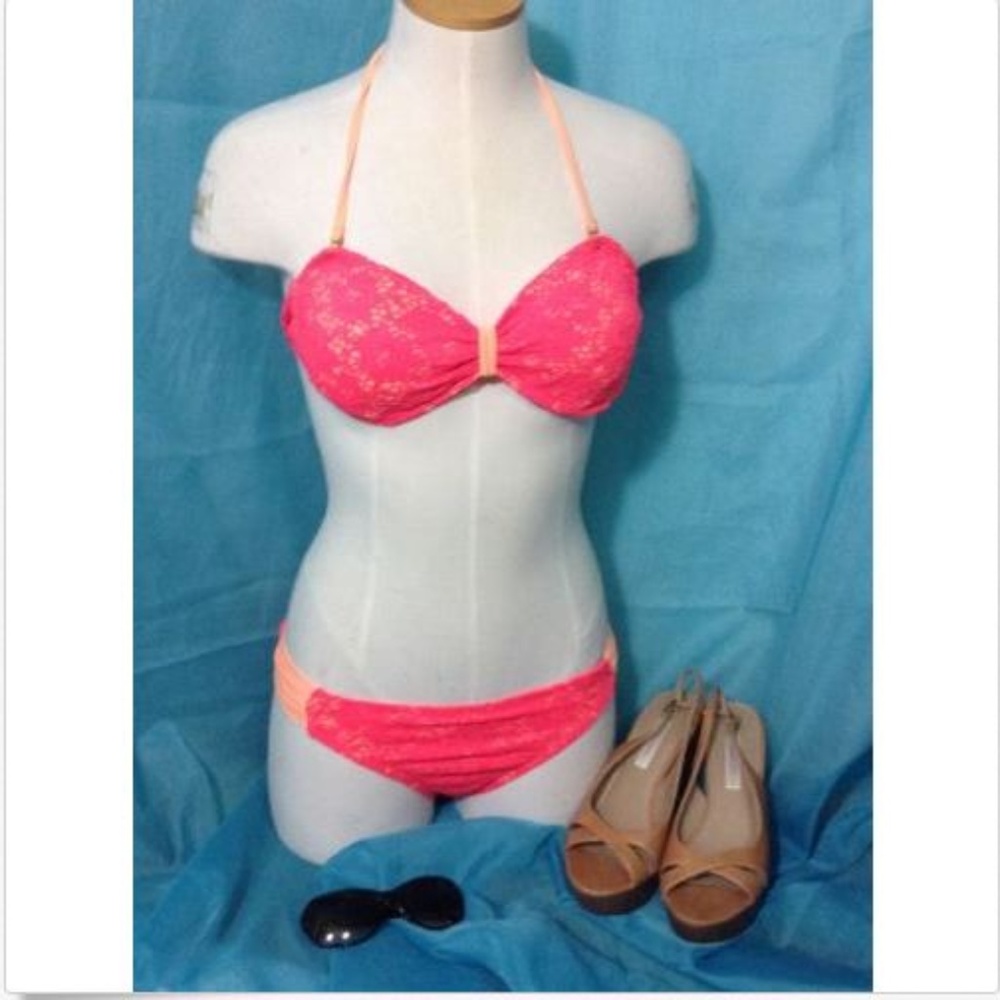Lace Overlay Pink Bikini Swimsuit